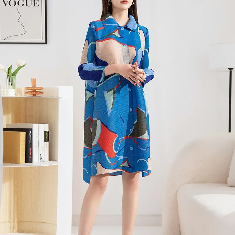 Miyake Pleated Printed Turn-down Collar Mini Dress