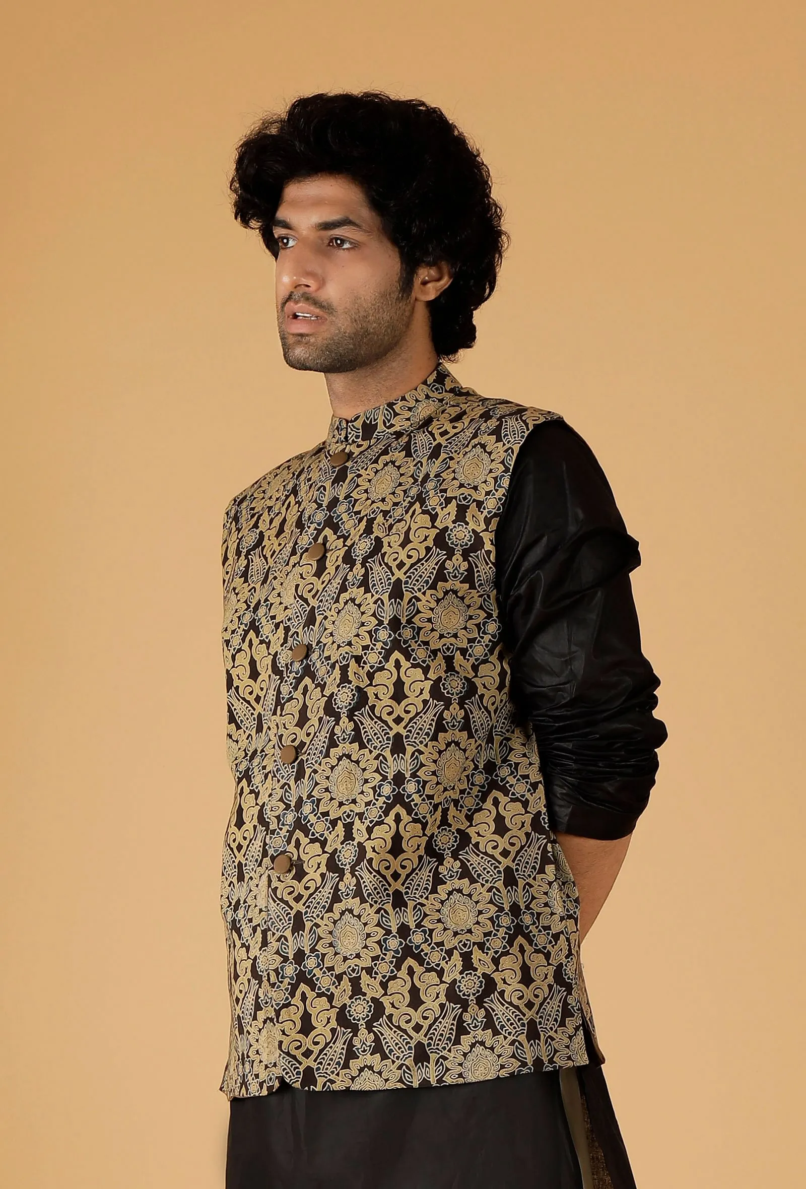 Olive Green Ajrakh Print Cotton Sleeveless Nehru Jacket