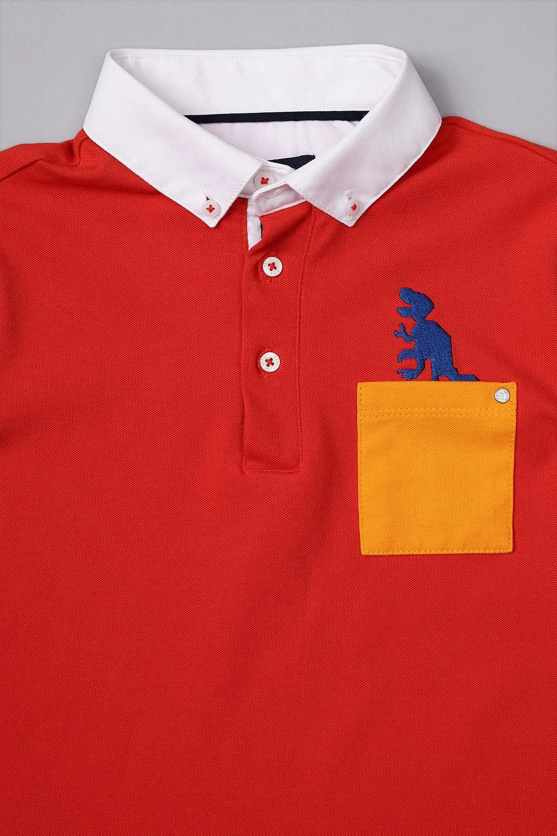 One Friday Boys Red Cotton Polo Neck Dino T-shirt