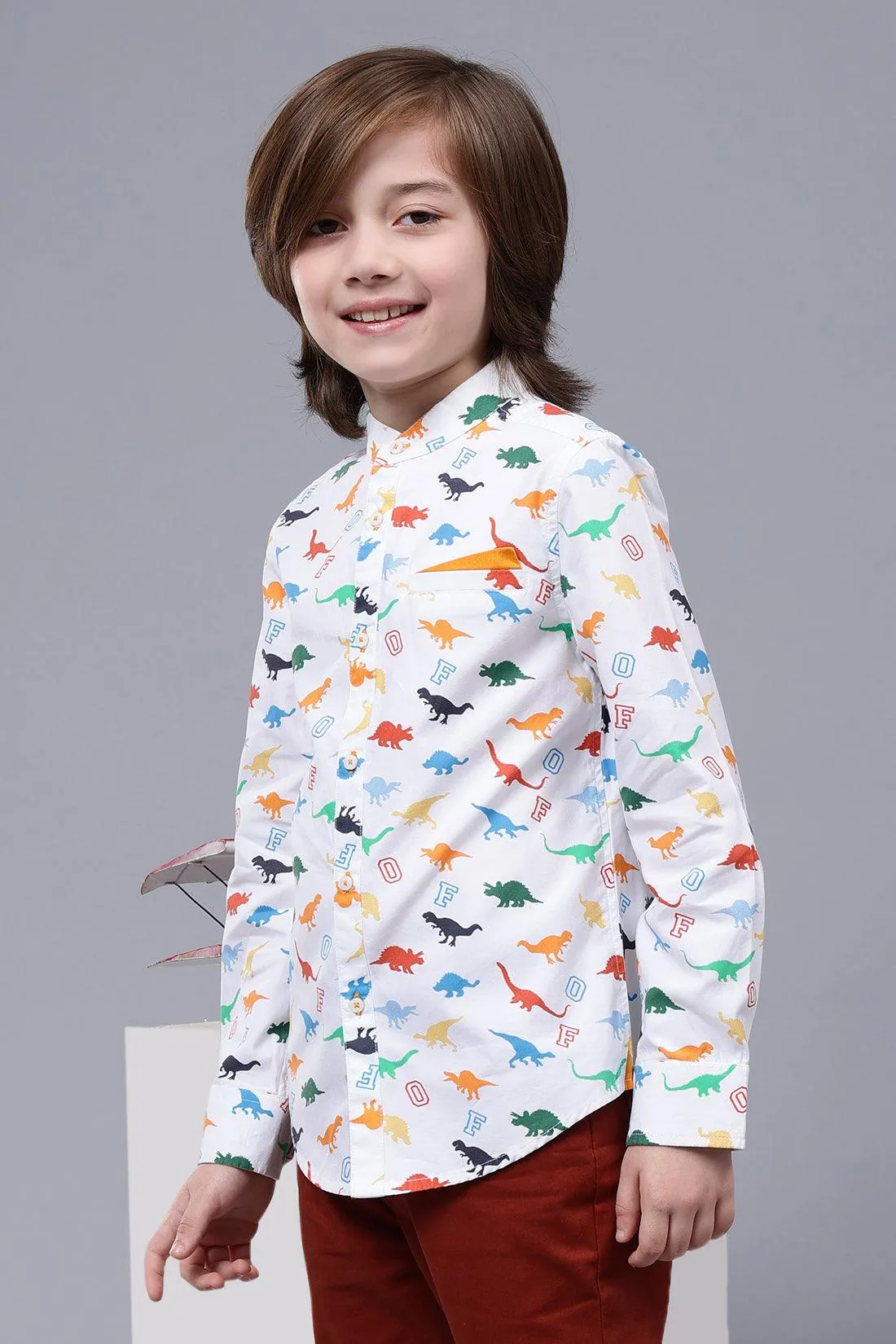 One Friday Kids Boys Off White Cotton Chinese Collar Shirt