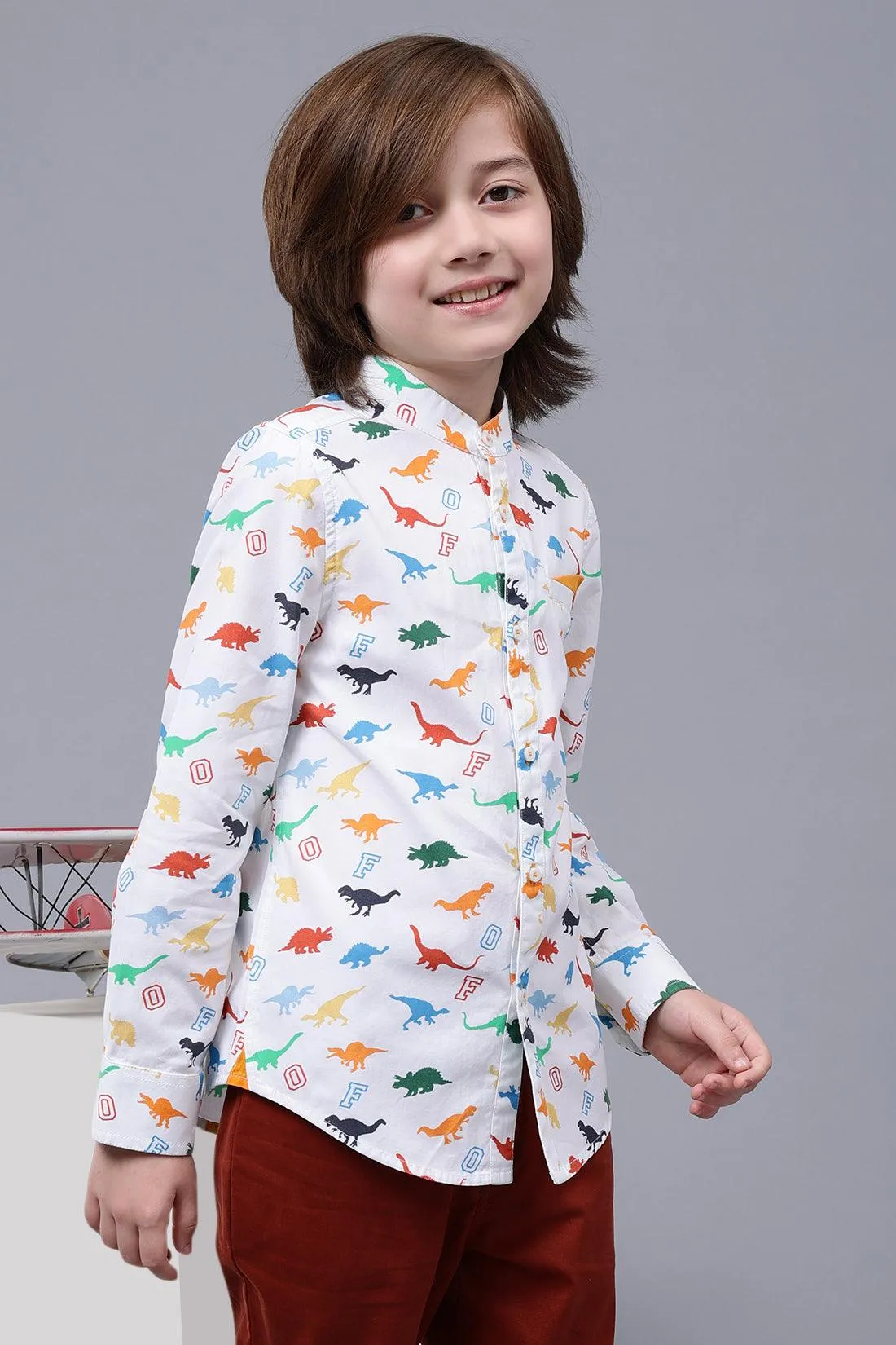 One Friday Kids Boys Off White Cotton Chinese Collar Shirt