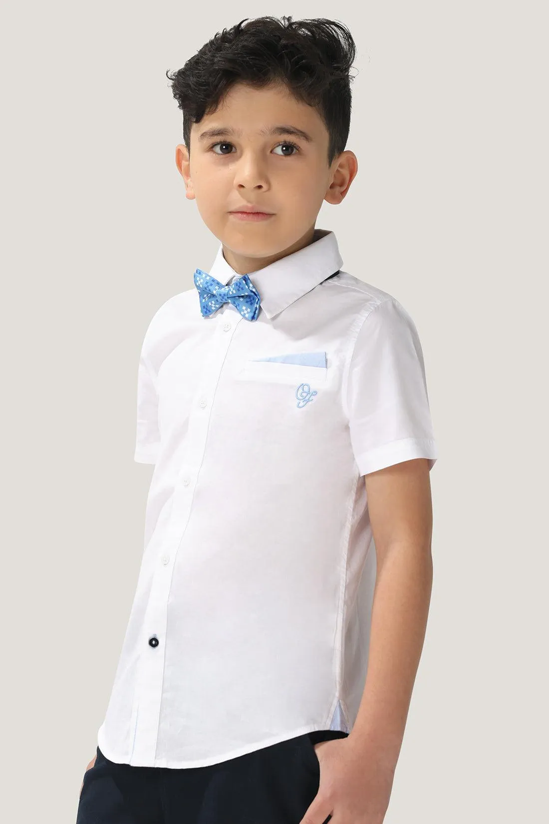 One Friday Kids Boys White 100% Cotton Shirt Sleeves Shirt With Bow