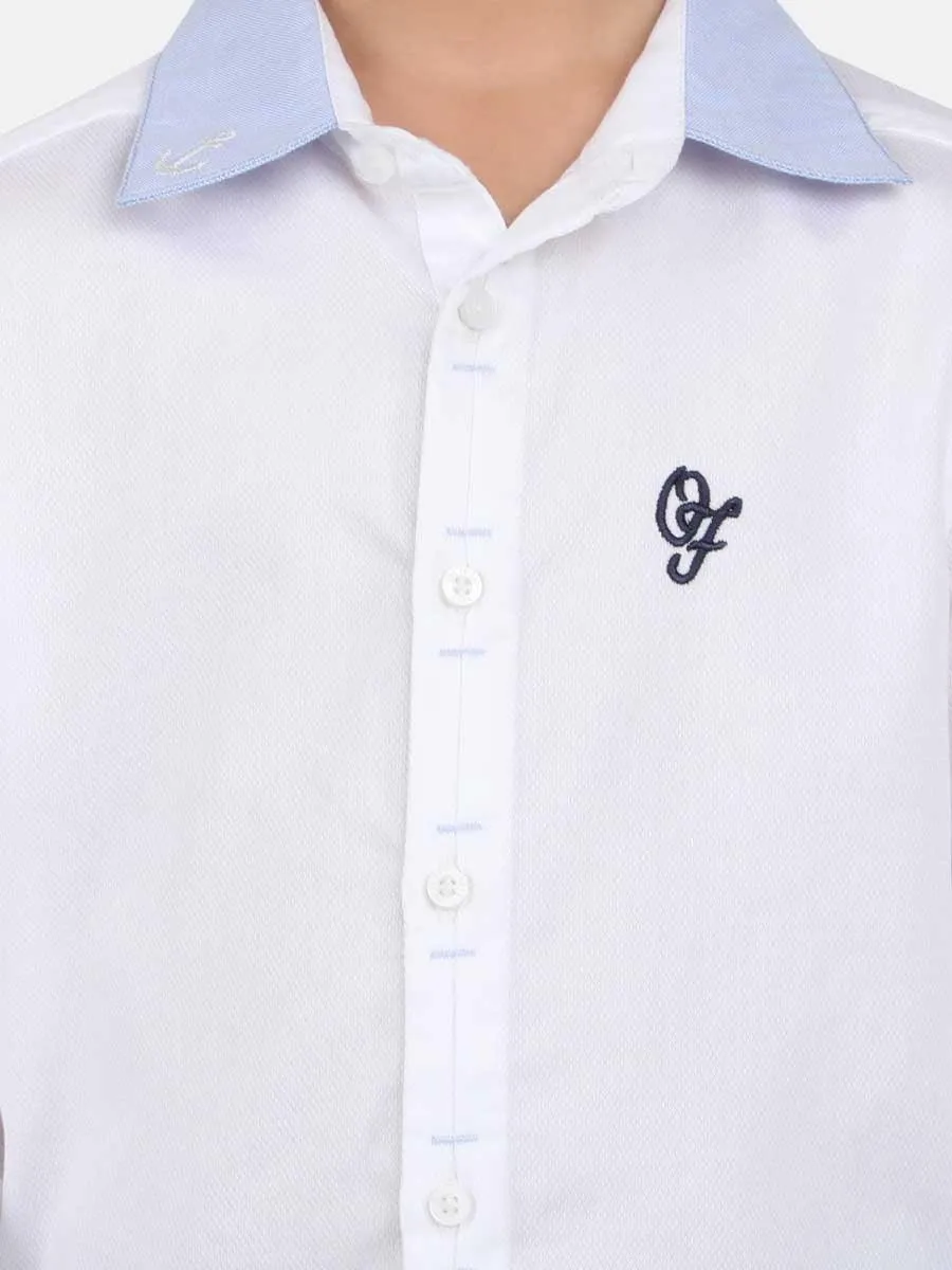 One Friday Off White Solid Full Sleeves Cotton Shirt