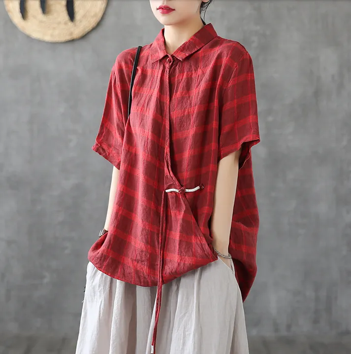 Plaid Summer Women Casual Blouse Linen Shirts Tops DZA2007201