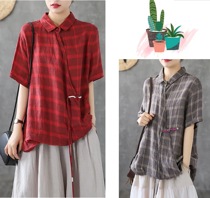 Plaid Summer Women Casual Blouse Linen Shirts Tops DZA2007201