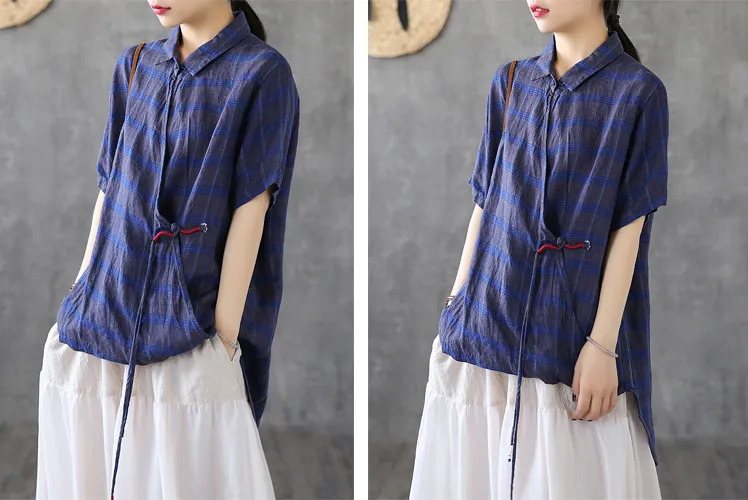 Plaid Summer Women Casual Blouse Linen Shirts Tops DZA2007201