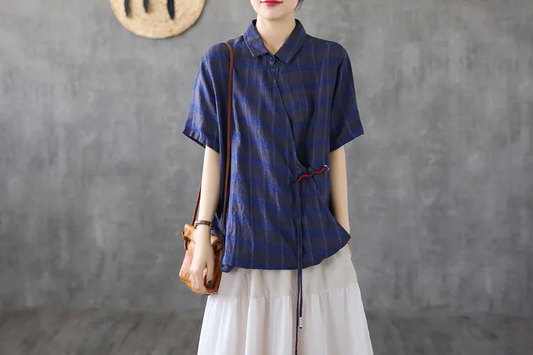 Plaid Summer Women Casual Blouse Linen Shirts Tops DZA2007201