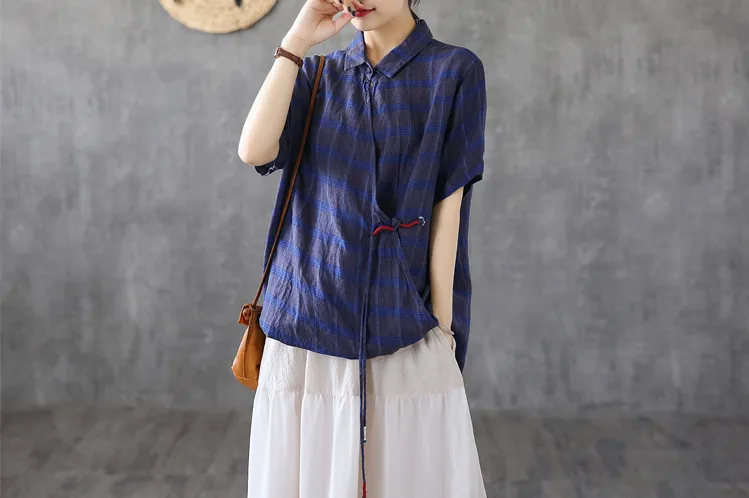 Plaid Summer Women Casual Blouse Linen Shirts Tops DZA2007201