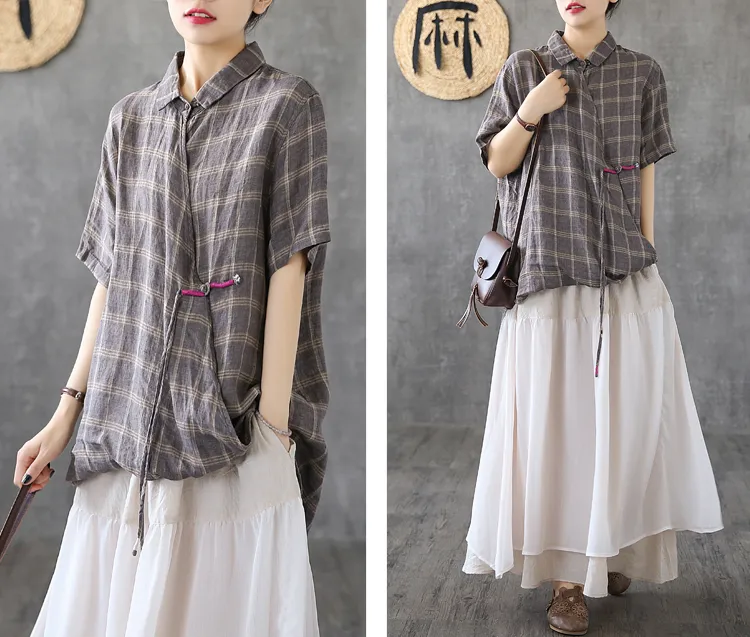 Plaid Summer Women Casual Blouse Linen Shirts Tops DZA2007201