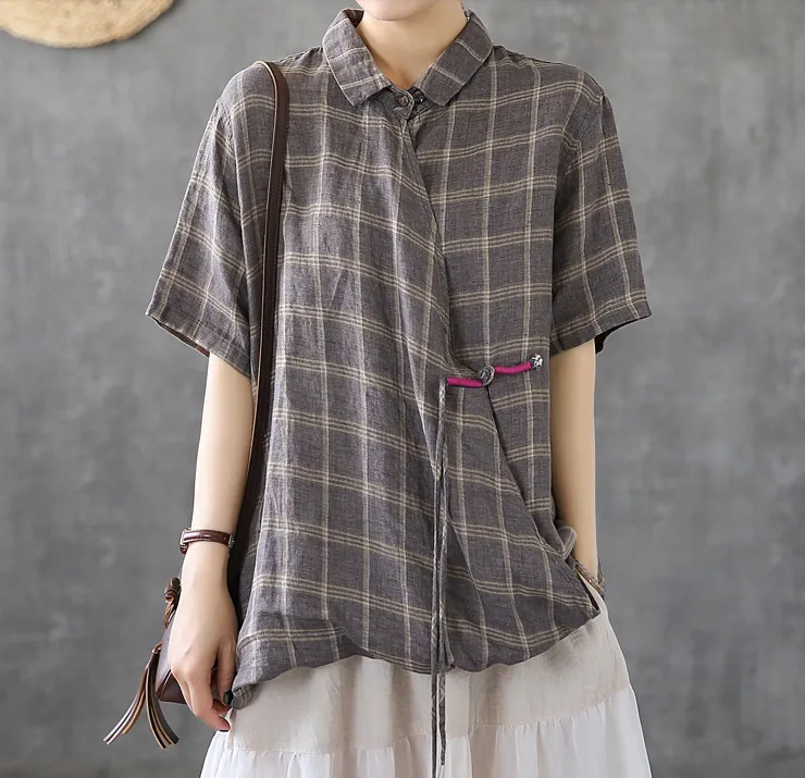 Plaid Summer Women Casual Blouse Linen Shirts Tops DZA2007201