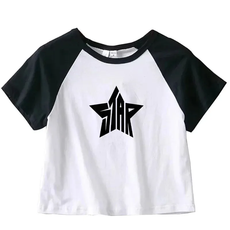 Retro Fashion Gothic Sexy Aesthetics Navel Short Sleeve Tee for Women