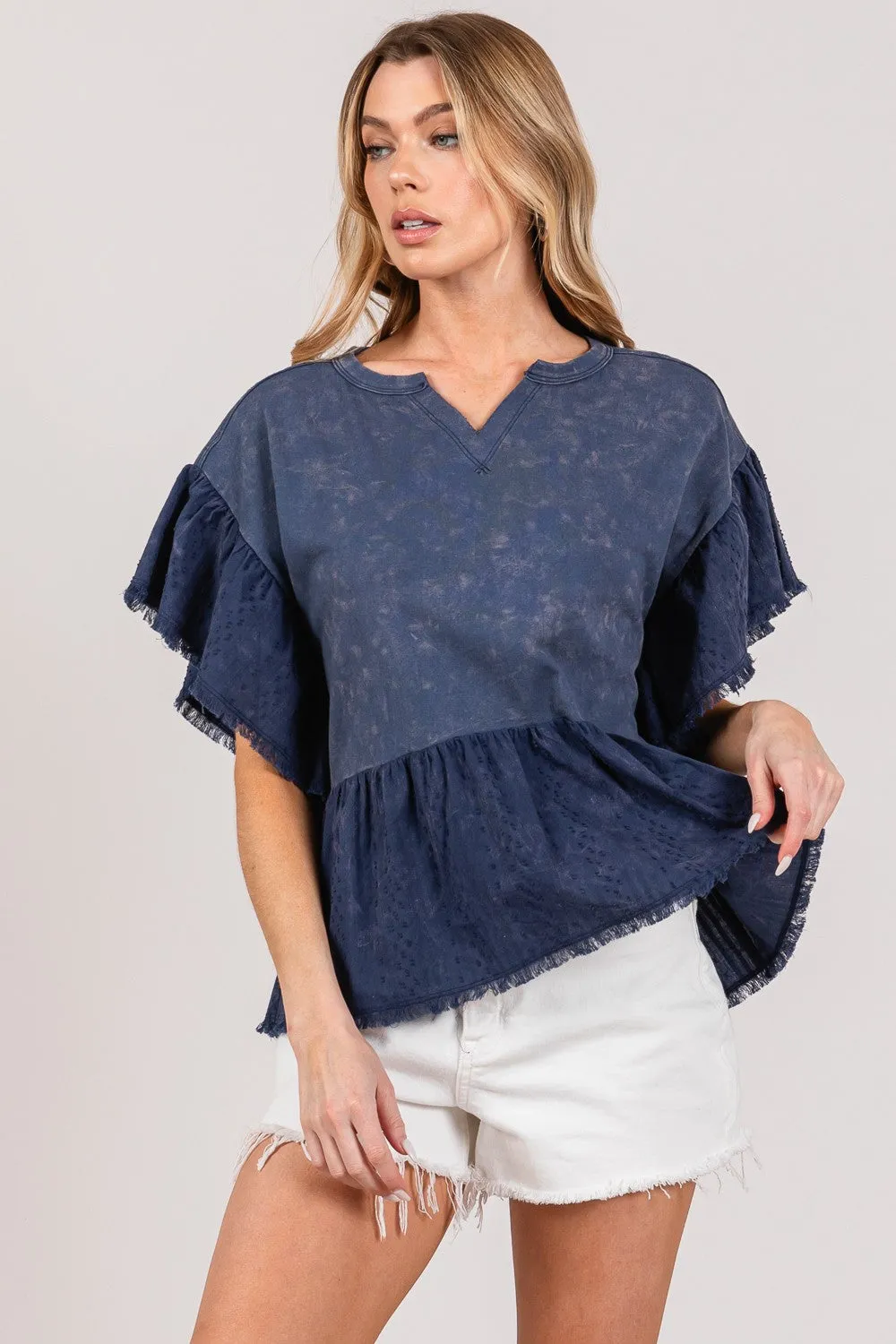 Ruffle Sleeve Washed Short Sleeve Blouse