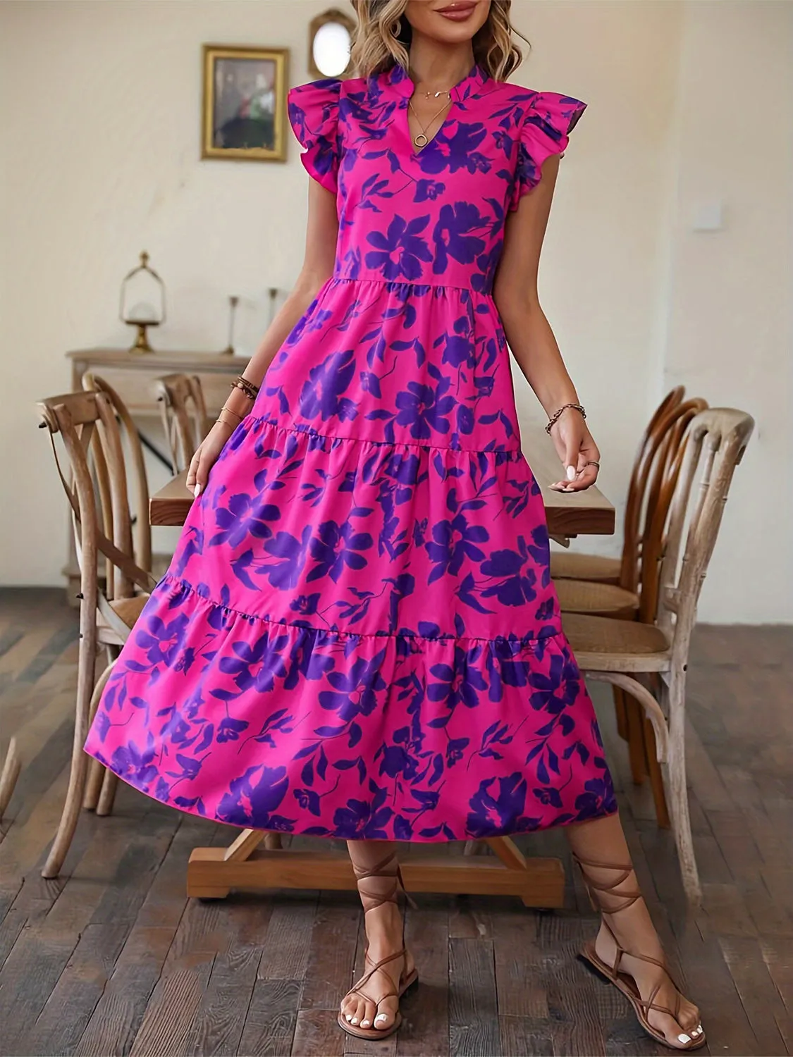 Ruffled Printed Cap Sleeve Midi Dress