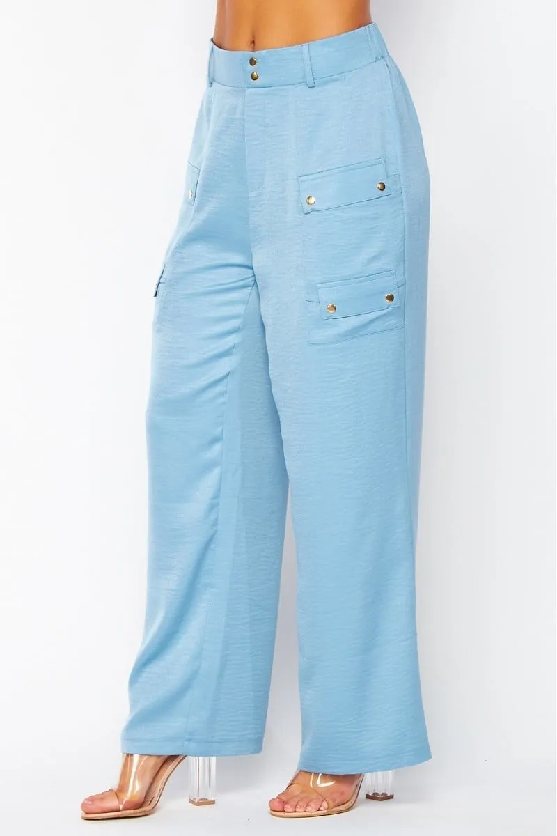 Satin cargo pocket wide leg pants