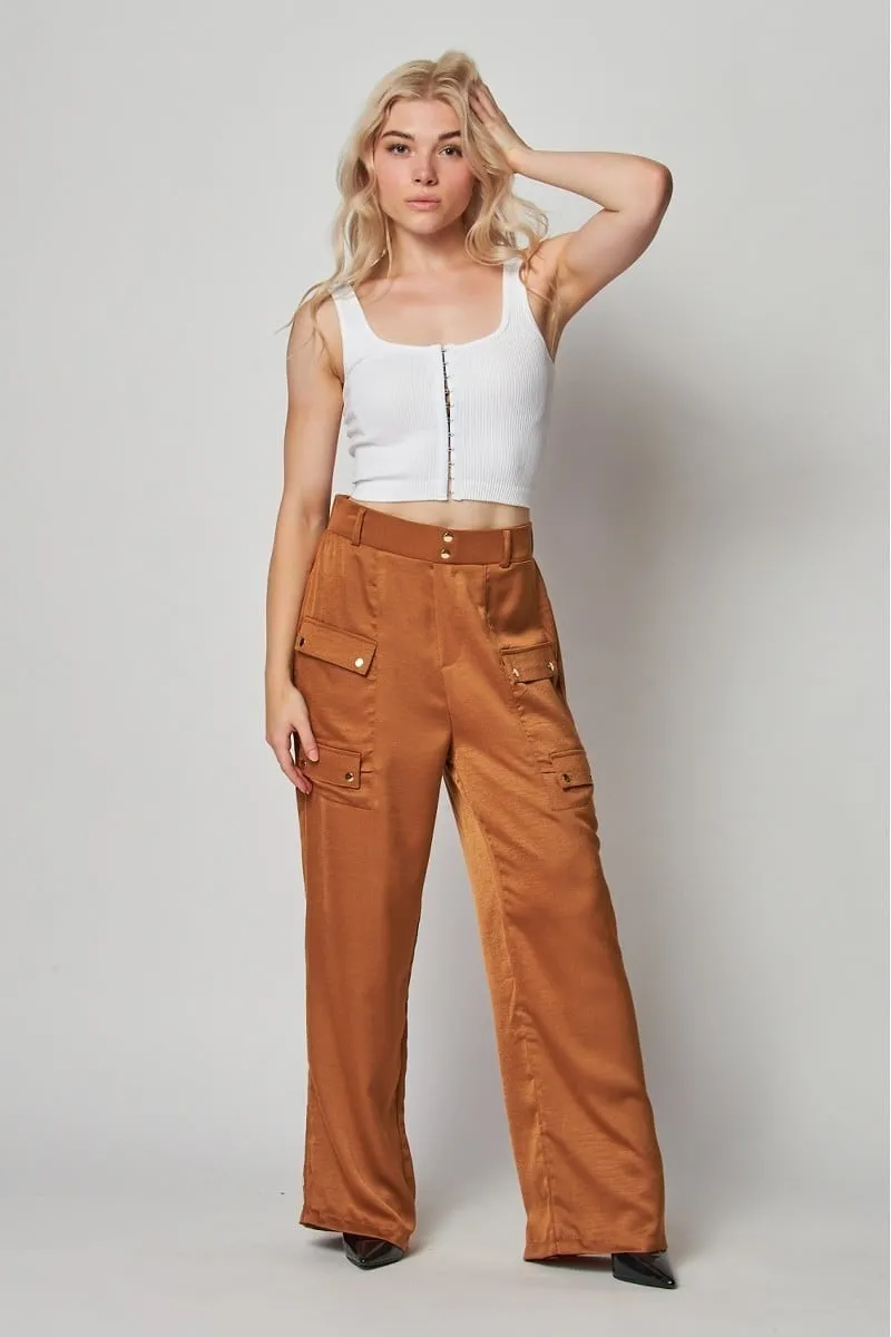 Satin cargo pocket wide leg pants