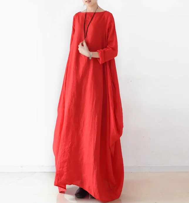 Spring Fall Style Women Linen Long Sleeve Square Neck Loose  Dress/9985