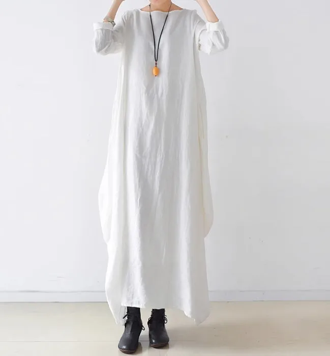 Spring Fall Style Women Linen Long Sleeve Square Neck Loose  Dress/9985