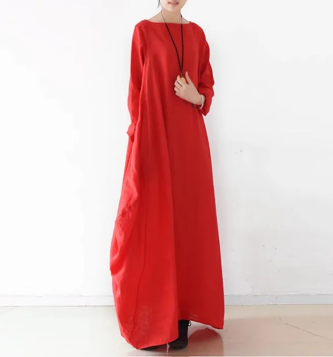 Spring Fall Style Women Linen Long Sleeve Square Neck Loose  Dress/9985