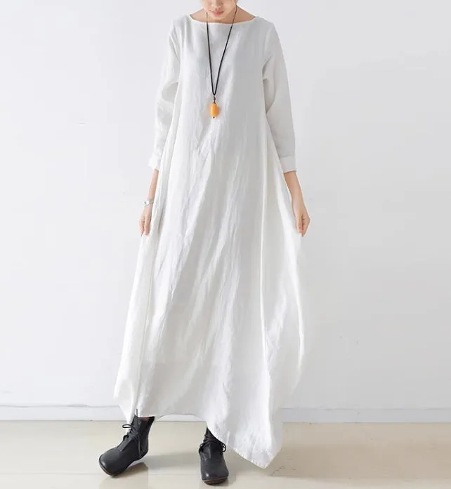 Spring Fall Style Women Linen Long Sleeve Square Neck Loose  Dress/9985