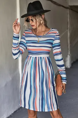 Striped Round Neck Long Sleeve Tee Dress