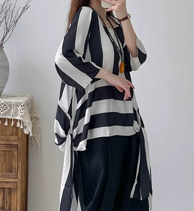 Summer Style Blouse, Striped Top Irregular T-shirt 2233