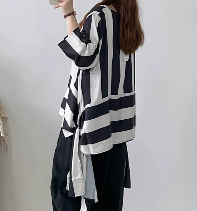 Summer Style Blouse, Striped Top Irregular T-shirt 2233