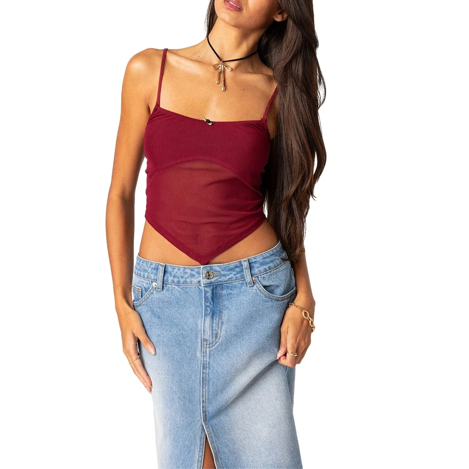 Through Hem Spaghetti Strap Tank Y2K Patchwork Cropped Camisole Clubwear Crop See Top