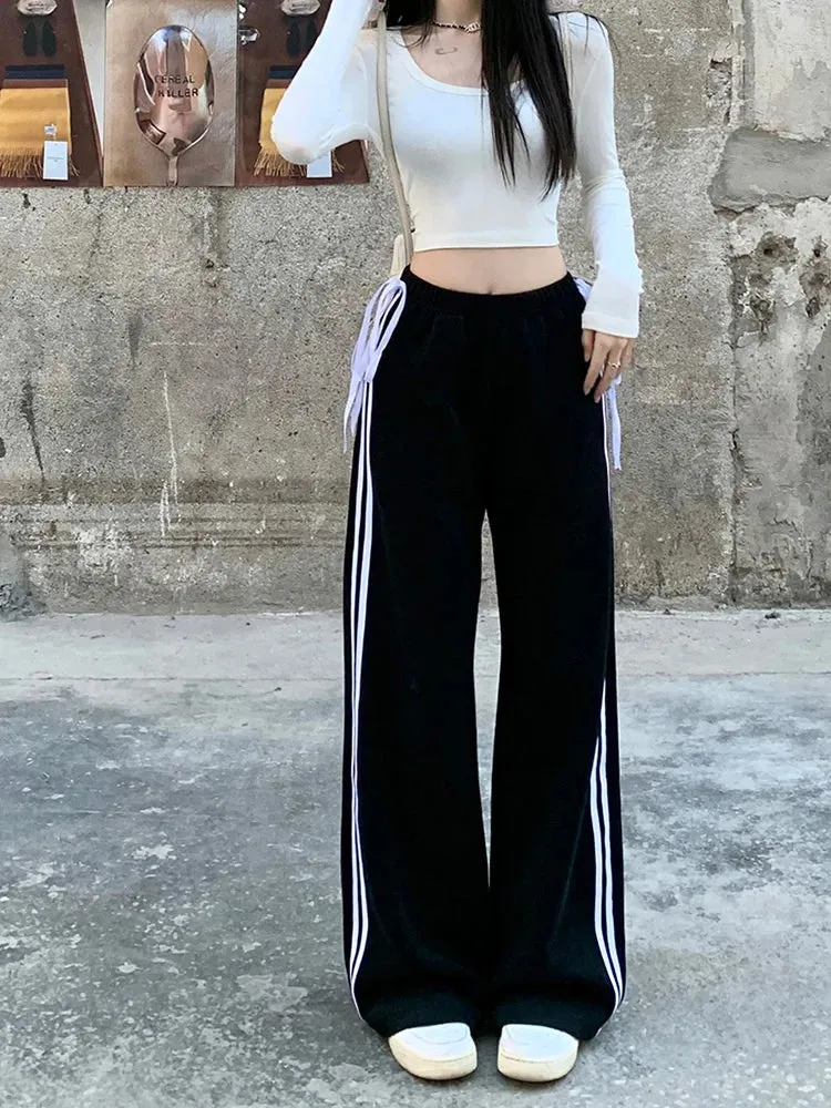 Waist Streetwear Side American Elastic Stripe Loose Bow Fashion Casual Pants