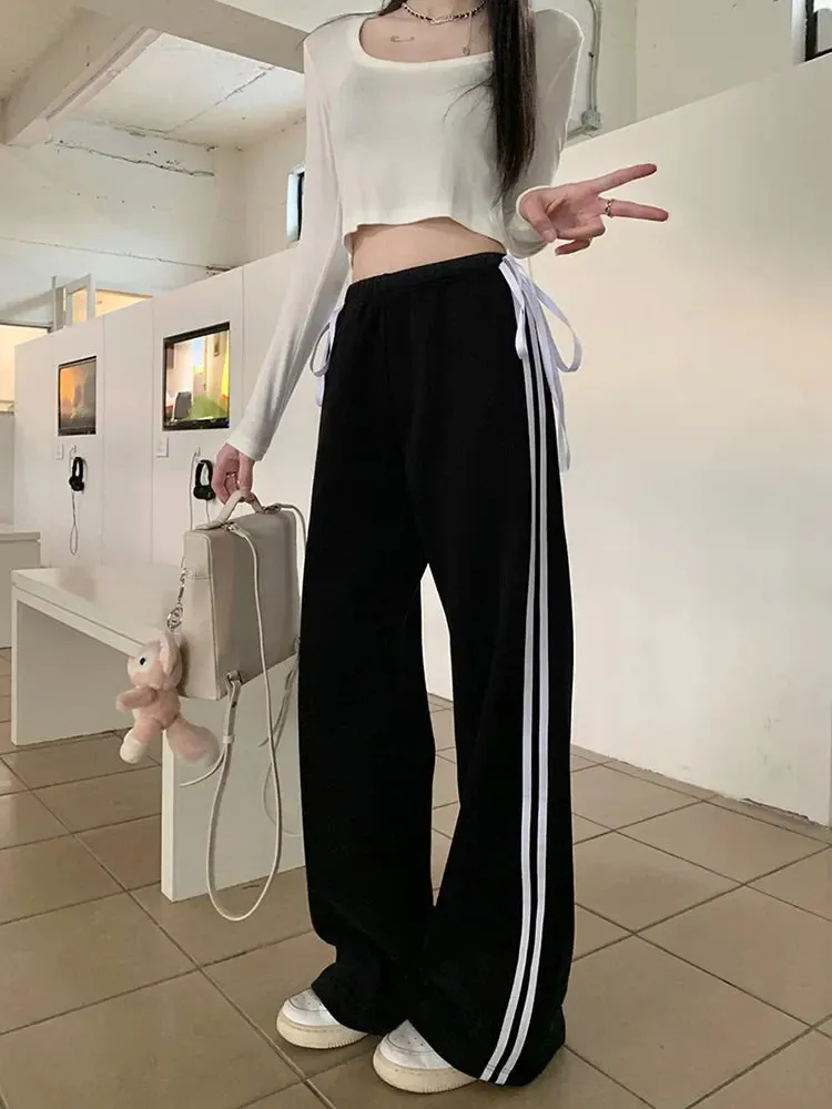 Waist Streetwear Side American Elastic Stripe Loose Bow Fashion Casual Pants