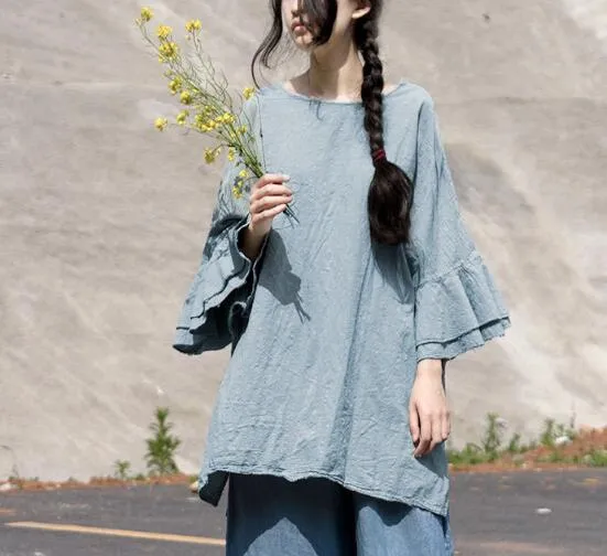 Women Linen Cotton Tops Women Blouse Ruffle Sleeves Vintage Loose Style H9504