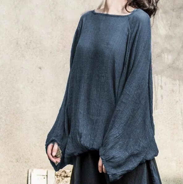 Women Summer Silk Cotton Tops Puff  Sleeves Blouse Loose Style H9508